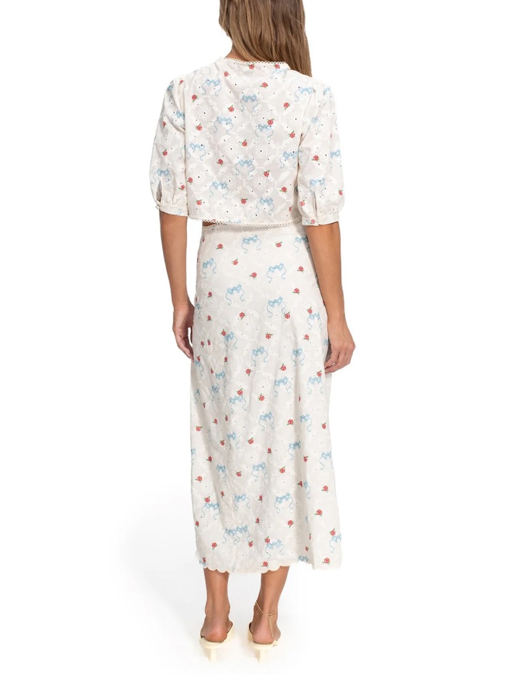 Agua Bendita White Eyelet Maxi Skirt with Blue & Red Floral Motif - Picture 3 of 10
